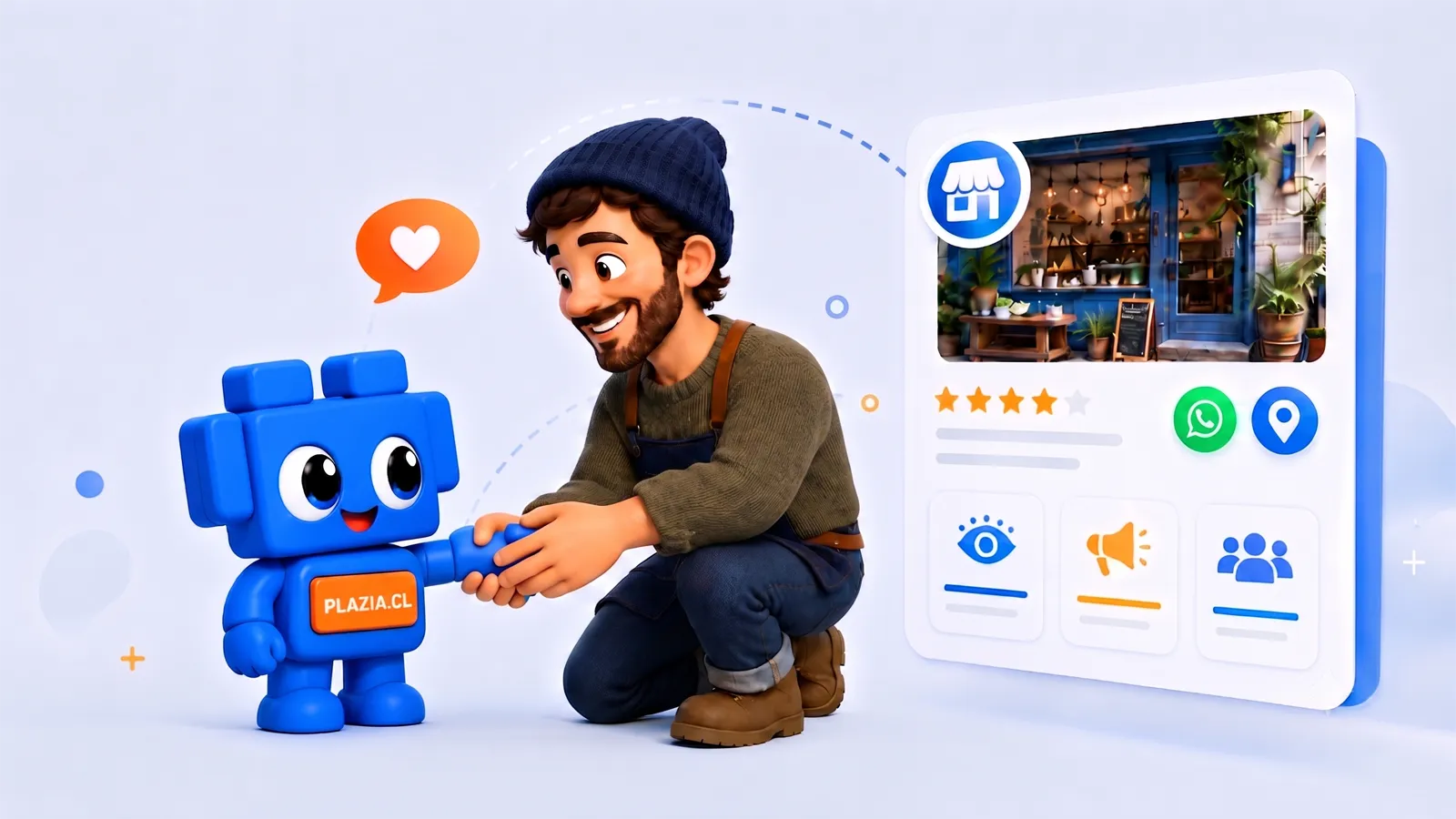 Plazy dando la mano a un emprendedor y mostrando beneficios de estar en PLAZIA