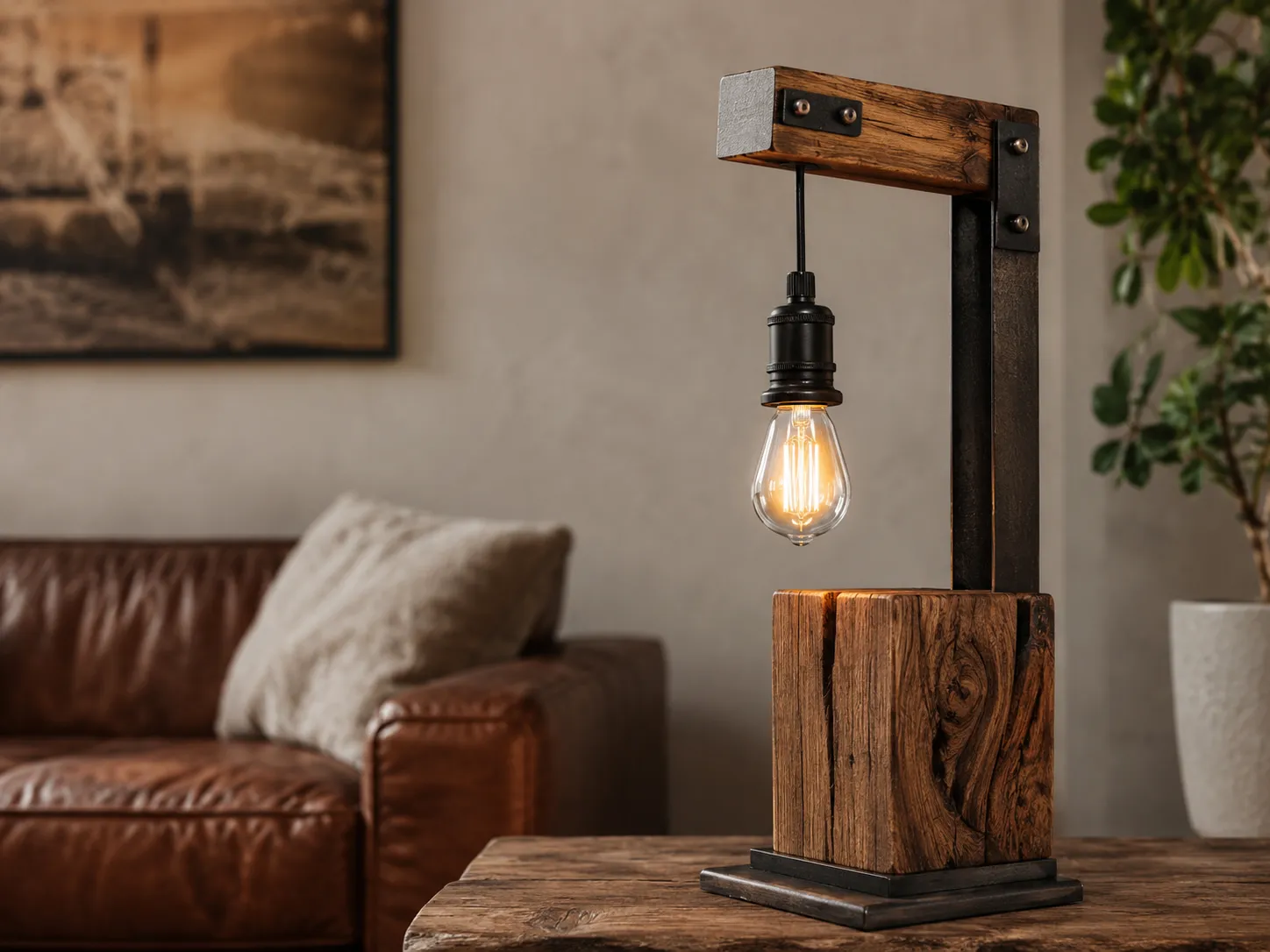 Lámpara artesanal de madera y fierro