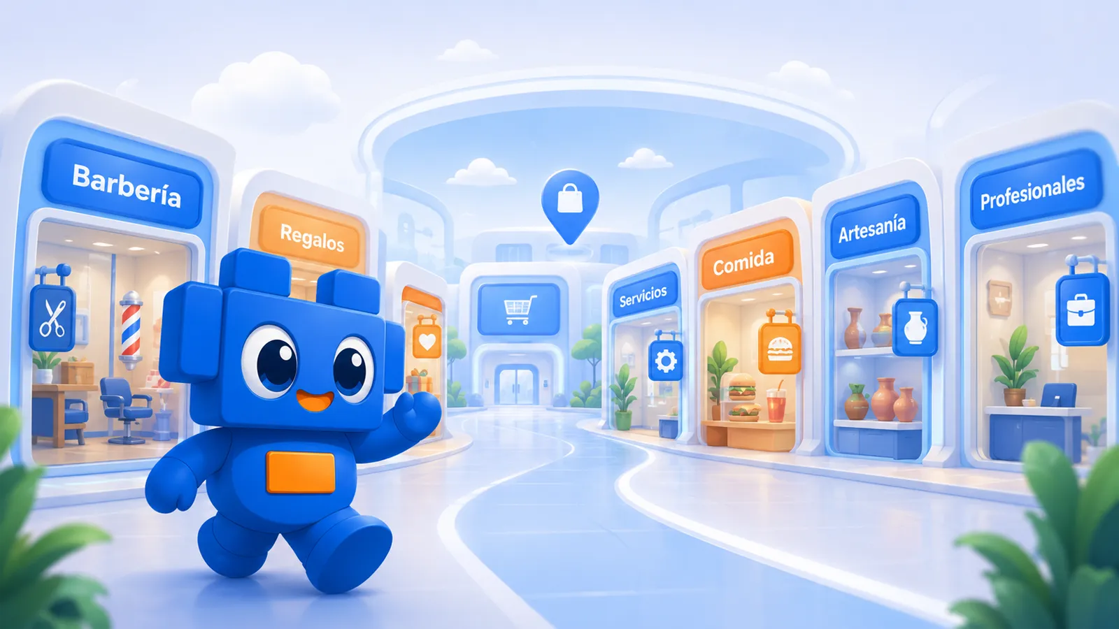 Plazy entrando a un mall virtual de PLAZIA con tiendas de distintos rubros locales